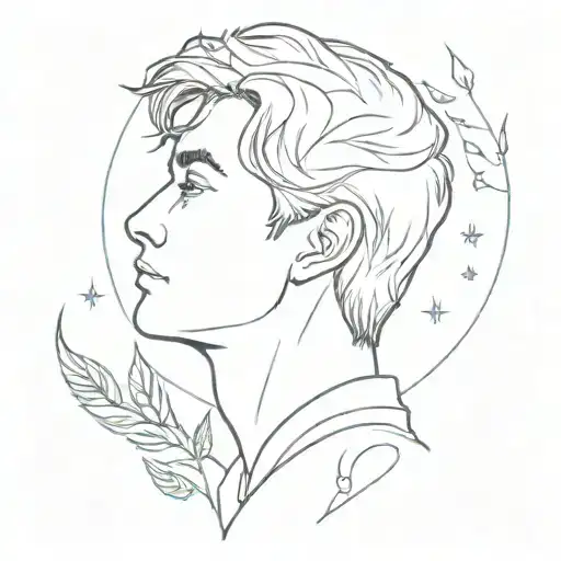 A celestial portrait of a singer gazing at the moon, with subtle Harry Potter references like a lightning bolt scar or a golden snitch, surrounded by laurel leaves tattoo design idea
