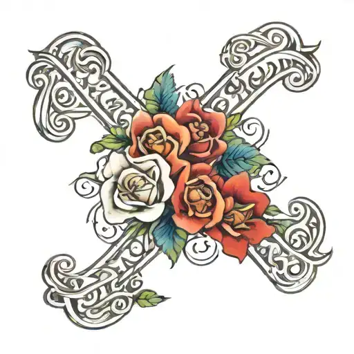 "no rain no flowers" in cursive with a cross decorated with flowers in the middle of the qoute tattoo design idea