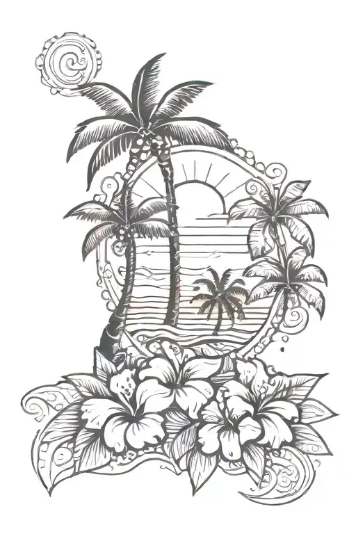 beach tattoo with palm tree, hibiscus flowers, and sun tattoo design idea