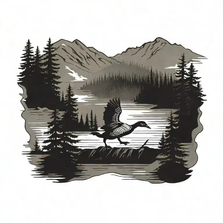 andirondack mountains, lake, evergreens, duck tattoo design idea