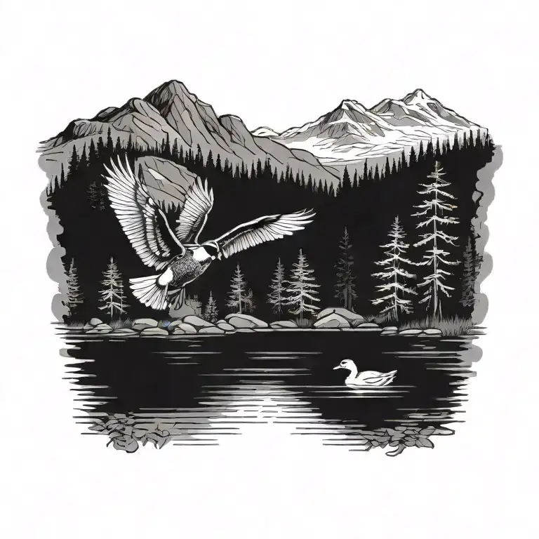 andirondack mountains, lake, evergreens, small duck tattoo design idea