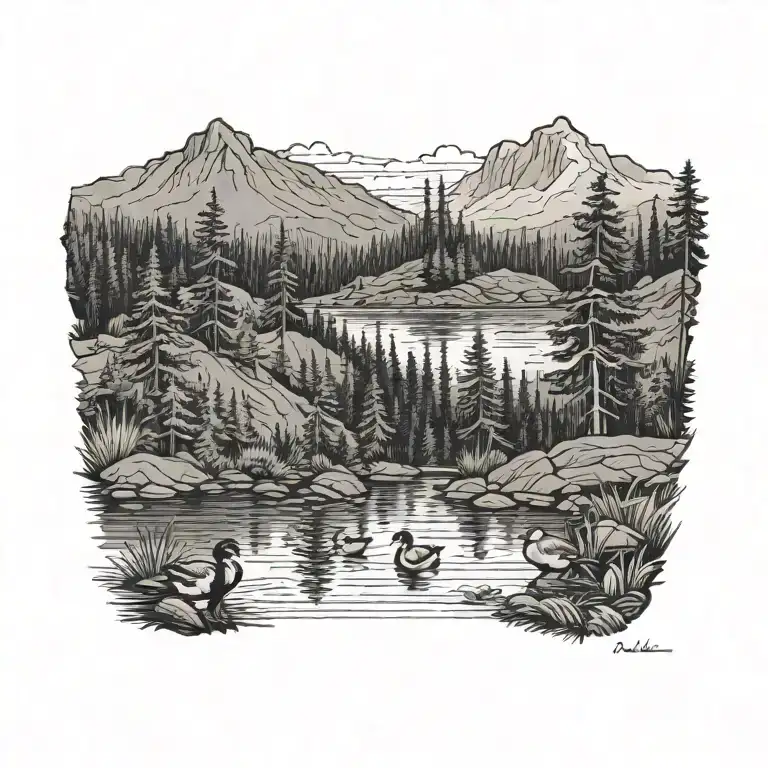 andirondack mountains, lake, evergreens, small duck tattoo design idea