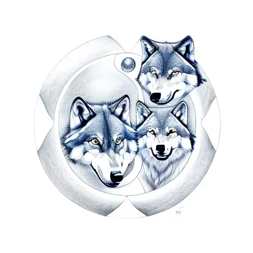 2 wolves yin yang 3D tattoo design idea