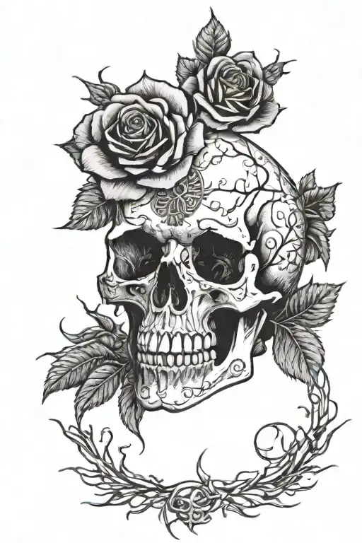 A gothic-inspired tattoo featuring a skull surrounded by dark roses and thorns tattoo design idea