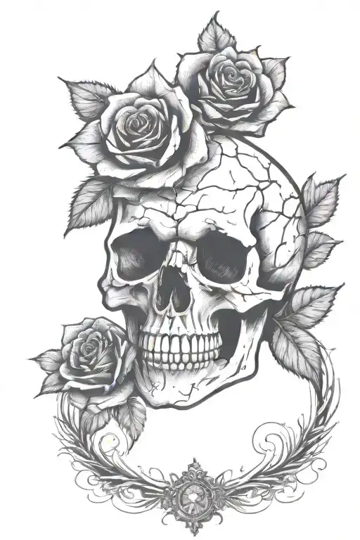 A gothic-inspired tattoo featuring a skull surrounded by dark roses and thorns tattoo design idea