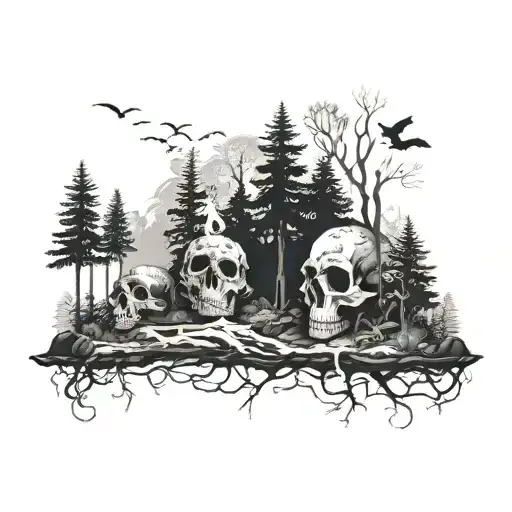A dark and mysterious forest landscape with hidden skulls and lace details tattoo design idea