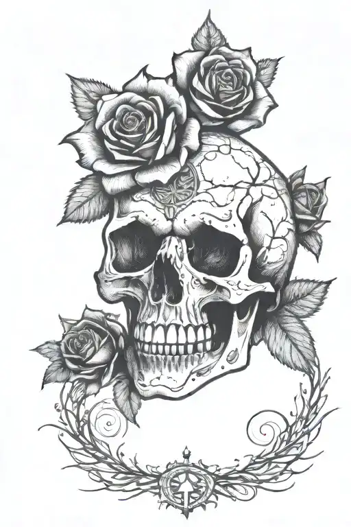A gothic-inspired tattoo featuring a skull surrounded by dark roses and thorns tattoo design idea