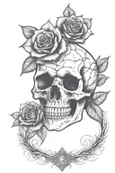 A gothic-inspired tattoo featuring a skull surrounded by dark roses and thorns tattoo design idea