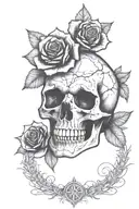 A gothic-inspired tattoo featuring a skull surrounded by dark roses and thorns tattoo design idea