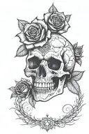 A gothic-inspired tattoo featuring a skull surrounded by dark roses and thorns tattoo design idea