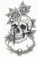 A gothic-inspired tattoo featuring a skull surrounded by dark roses and thorns tattoo design idea