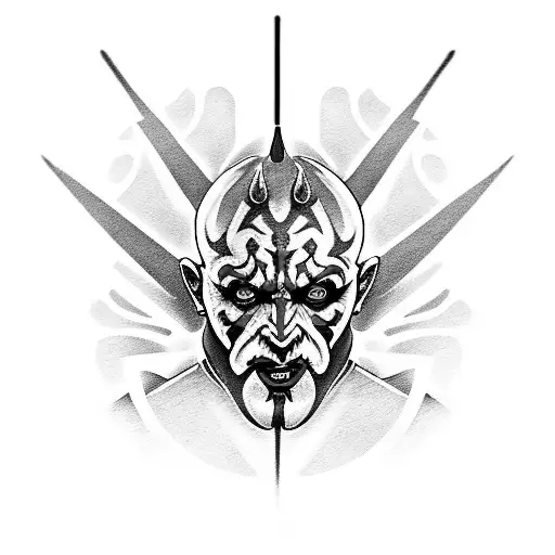Darth maul, Sith, evil, greyscale, photorealistic tattoo design idea