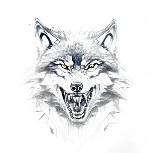 wolf head that look ferocious, anger, and look like fenrir. tattoo design idea