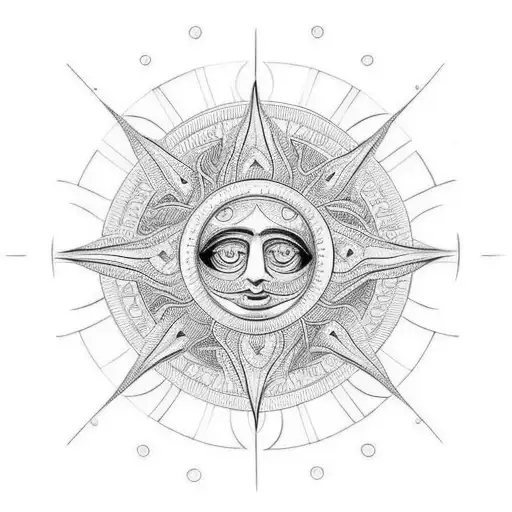 An intricate sun design made entirely of letters N, P, and T tattoo design idea