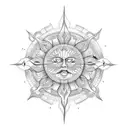 An intricate sun design made entirely of letters N, P, and T tattoo design idea