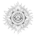 An intricate sun design made entirely of letters N, P, and T tattoo design idea