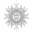 An intricate sun design made entirely of letters N, P, and T tattoo design idea