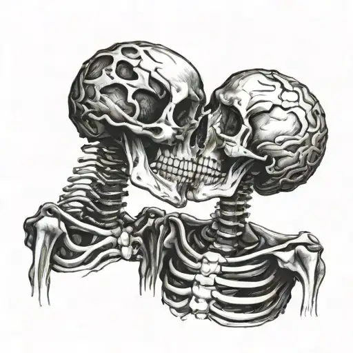 Human and dog skeletons kissing tattoo design idea