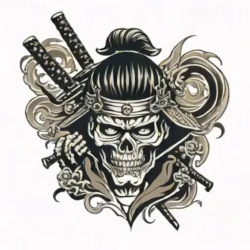 Samurai, skull, katana, shadows, flames tattoo design idea