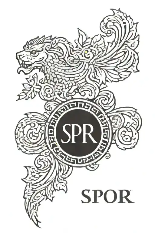 SPQR tattoo:   - "SPQR" letters   - Godly parent symbol   - Stripes for years served   tattoo design idea