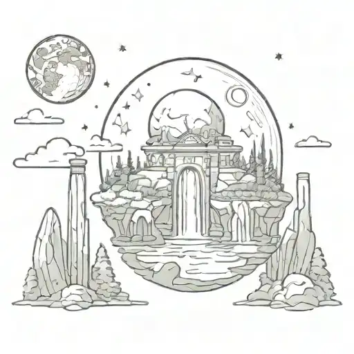 looking at the earth from the side, 2 dimensional with pillars, waterfalls, the sky clouds moon stars tattoo design idea