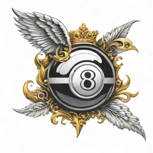 Detailed billiard 8 ball with a golden crown on top and white wings on the back tattoo design idea