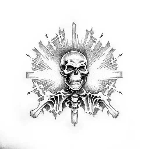 the offspring logo with skeleton hands underneath, the left hand holds up 3 fingers, the right hand 1 finger tattoo design idea