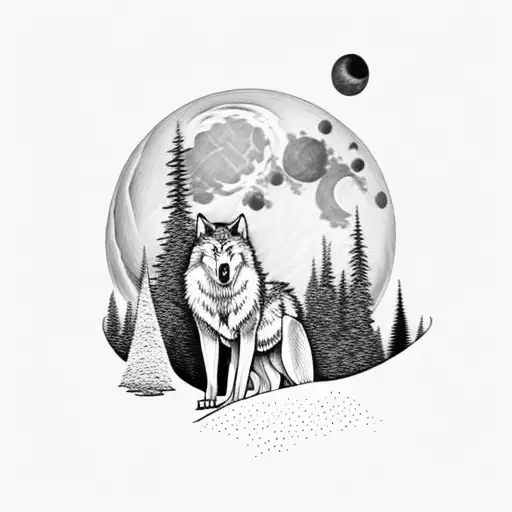 pine trees ,wolf on a cliff , with full moon in the background tattoo design idea