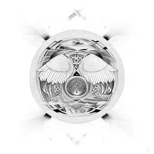 Hawk and wolf and medicine wheel ying yang infintiy  tattoo design idea