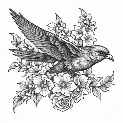 chimney swift bird flying with flowers tattoo design idea