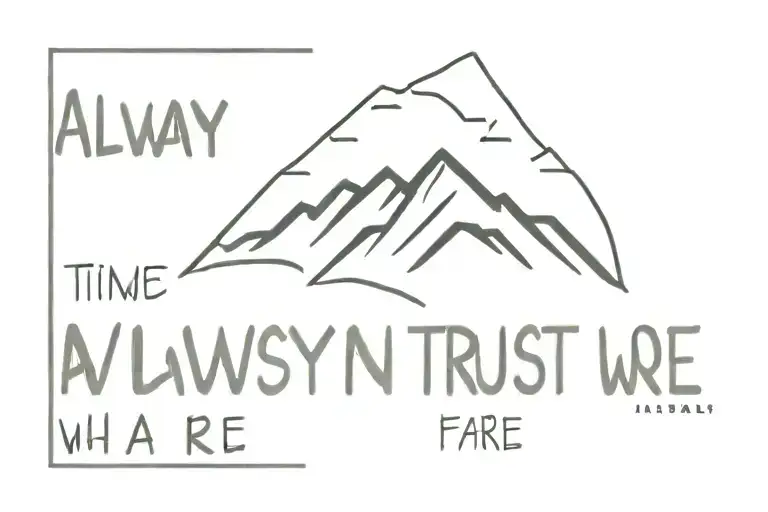 simple black and white tatoo showing a mountain peek with phrase "always trust in who we are" tattoo design idea