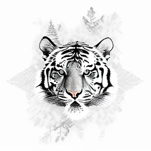 half tiger face with some forest elements, some clouds and birds tattoo design idea