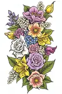 boquet with violet, daffodil, daisy, lily of the valley, rose and chrysanthemum tattoo design idea