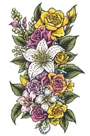 boquet with violet, daffodil, daisy, lily of the valley, rose and chrysanthemum tattoo design idea