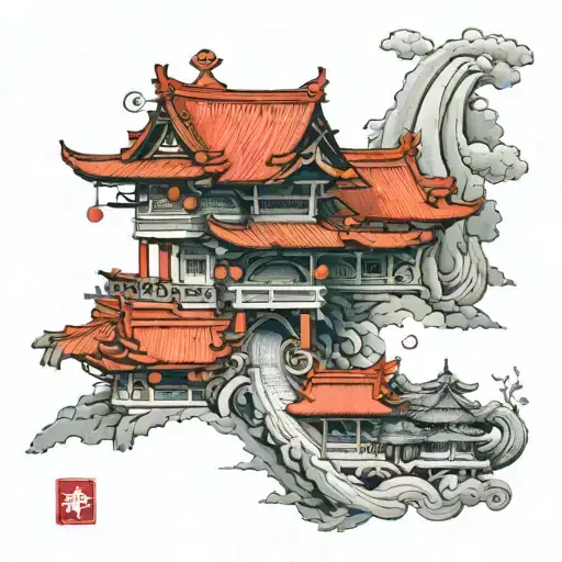 chinese architecture heaven and hell connected by a red string that turns into a cloud heaven is floating on tattoo design idea