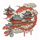 chinese architecture heaven and hell connected by a red string that turns into a cloud heaven is floating on tattoo design idea