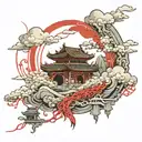 chinese architecture heaven and hell connected by a red string that turns into a cloud heaven is floating on tattoo design idea