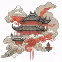 chinese architecture heaven and hell connected by a red string that turns into a cloud heaven is floating on tattoo design idea