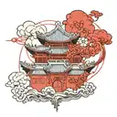 chinese architecture heaven and hell connected by a red string that turns into a cloud heaven is floating on tattoo design idea