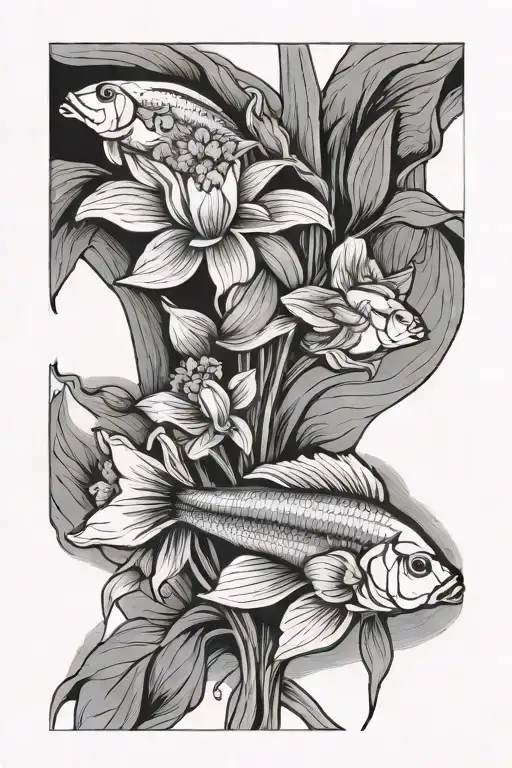 The fish could be swimming around the stem of the daffodil, creating a sense of movement and harmony.  tattoo design idea