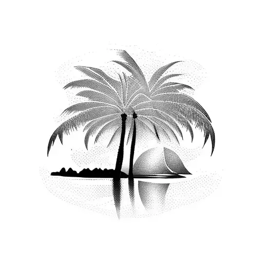 Incorporate the beach and palm trees with a symbol of strength and empowerment for women in a blackwork style. tattoo design idea