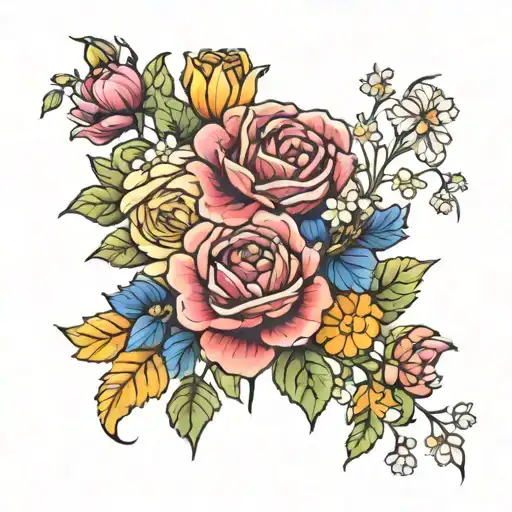 glass bouquet of rose, honeysuckle, Marigold, Cosmos, Chrysanthemum, Peony tattoo design idea