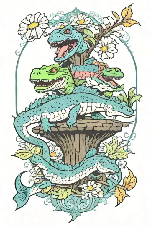 4 cartoon dinosaurs, tommy and chuckie ridding in reptar, two koi fish, leaded glass window, daisy flower tattoo design idea