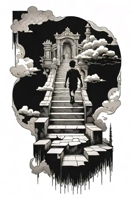 kid walking up stairs to heavens gates   tattoo design idea