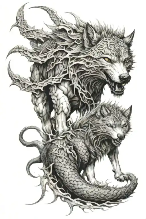 wolf and dragon wrapped tattoo design idea