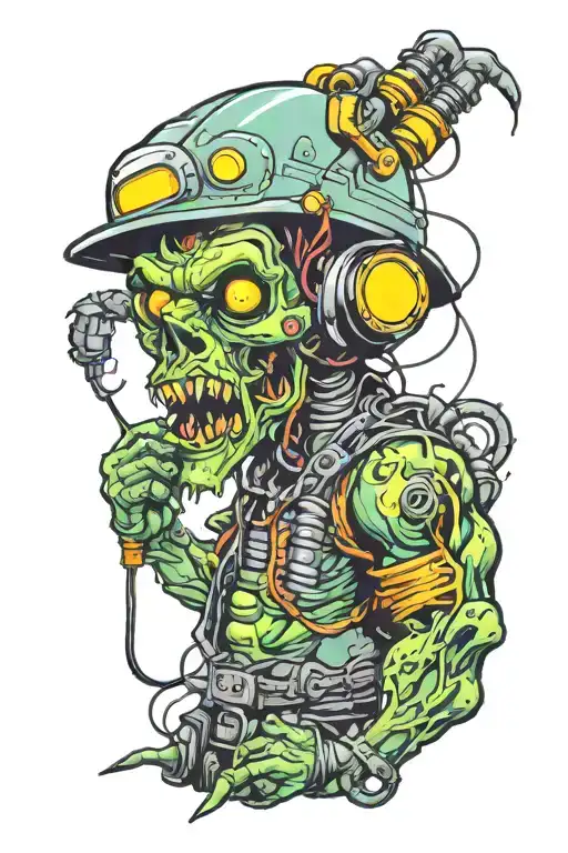 Electrician zombie with helmet with neon details tattoo design idea