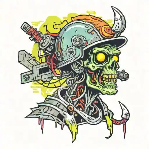 Electrician zombie with helmet with neon details from head to toe tattoo design idea
