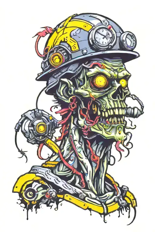 Electrician zombie with helmet with neon details half body tattoo design idea