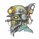 Electrician zombie with helmet with neon details from head to toe tattoo design idea