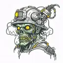 Electrician zombie with helmet with neon details from head to toe tattoo design idea